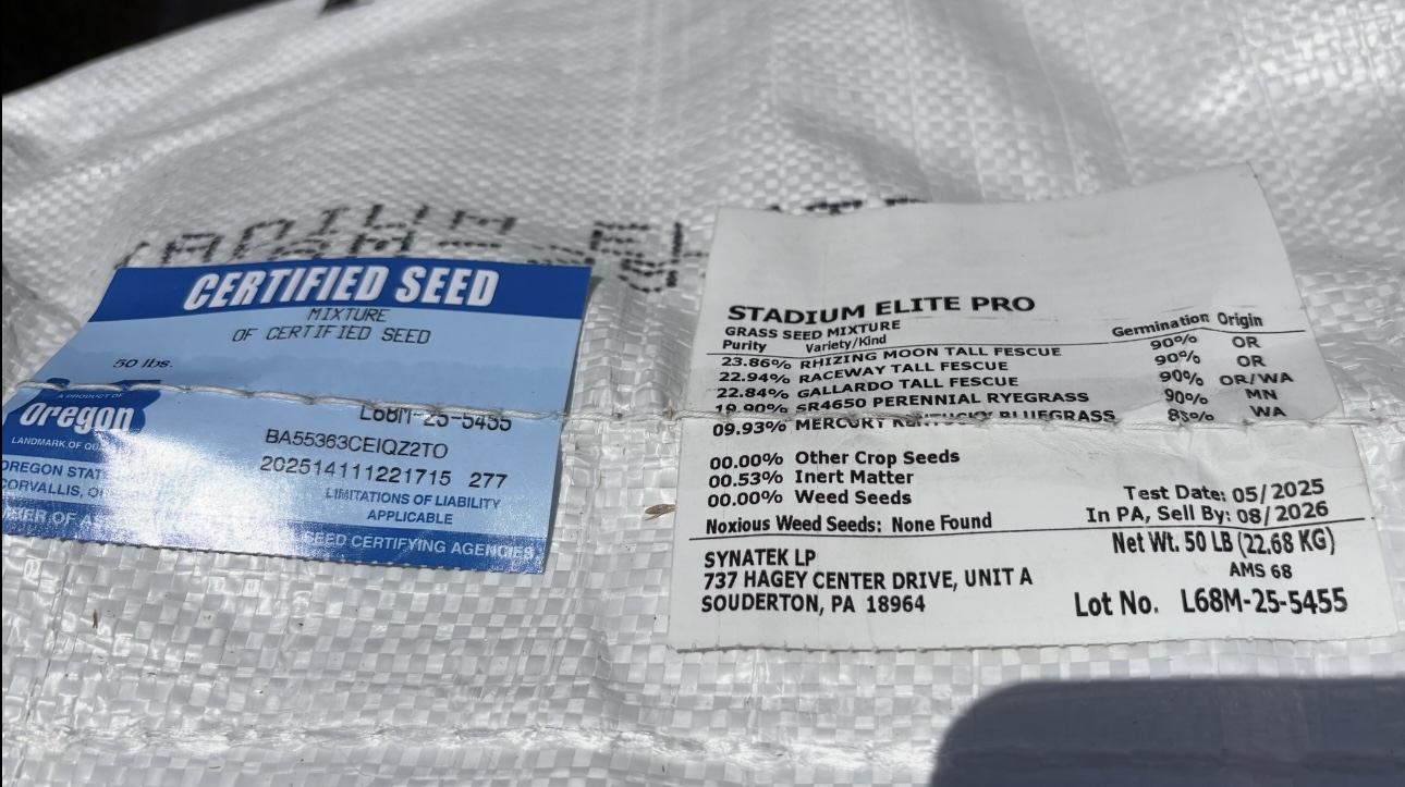 Certified Stadium Elite Pro grass seed mixture bag with 0% weed seed — tall fescue, perennial ryegrass, and Kentucky bluegrass blend