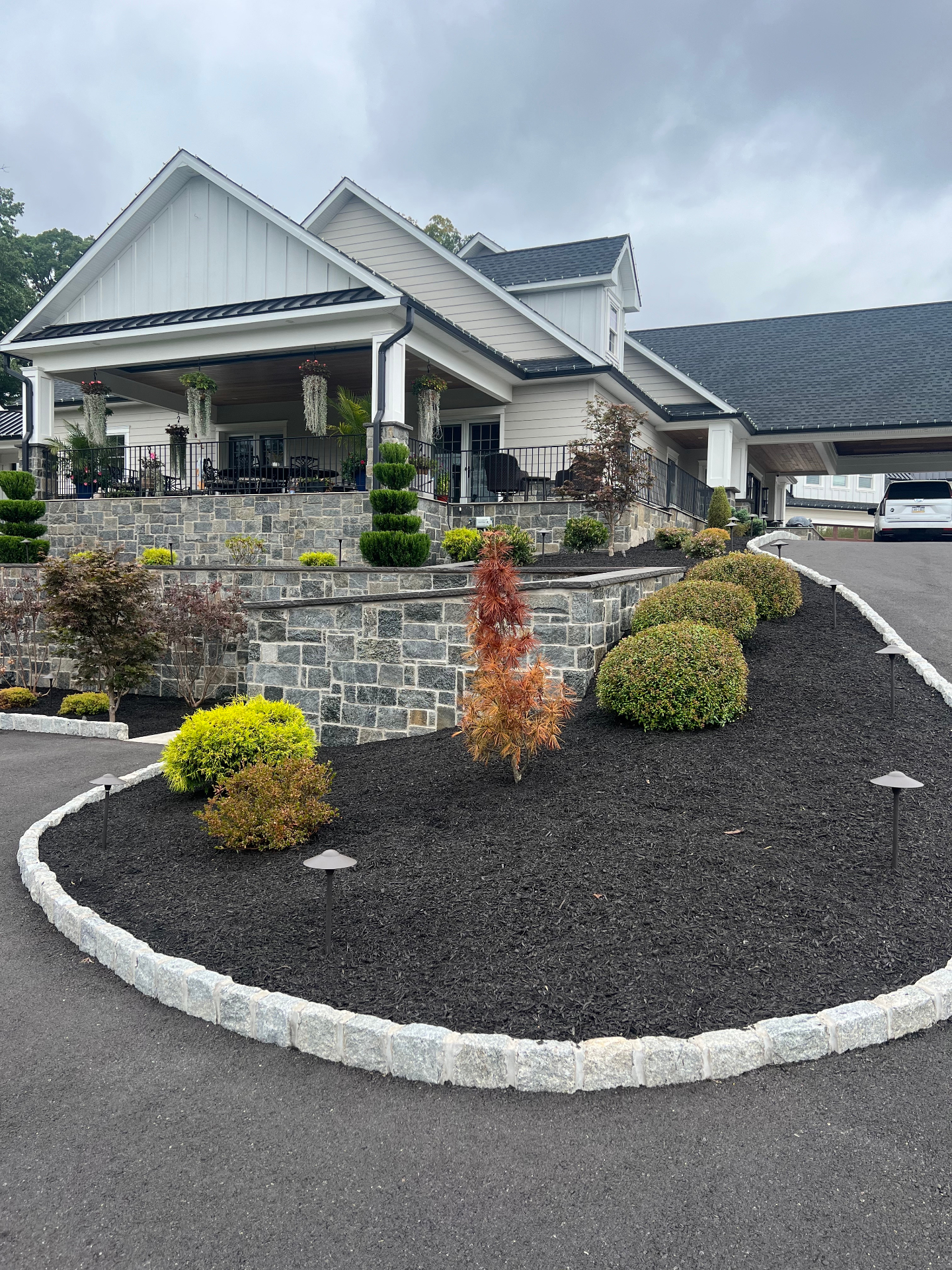 Commercial property with fresh mulch beds, edging, and manicured shrubs