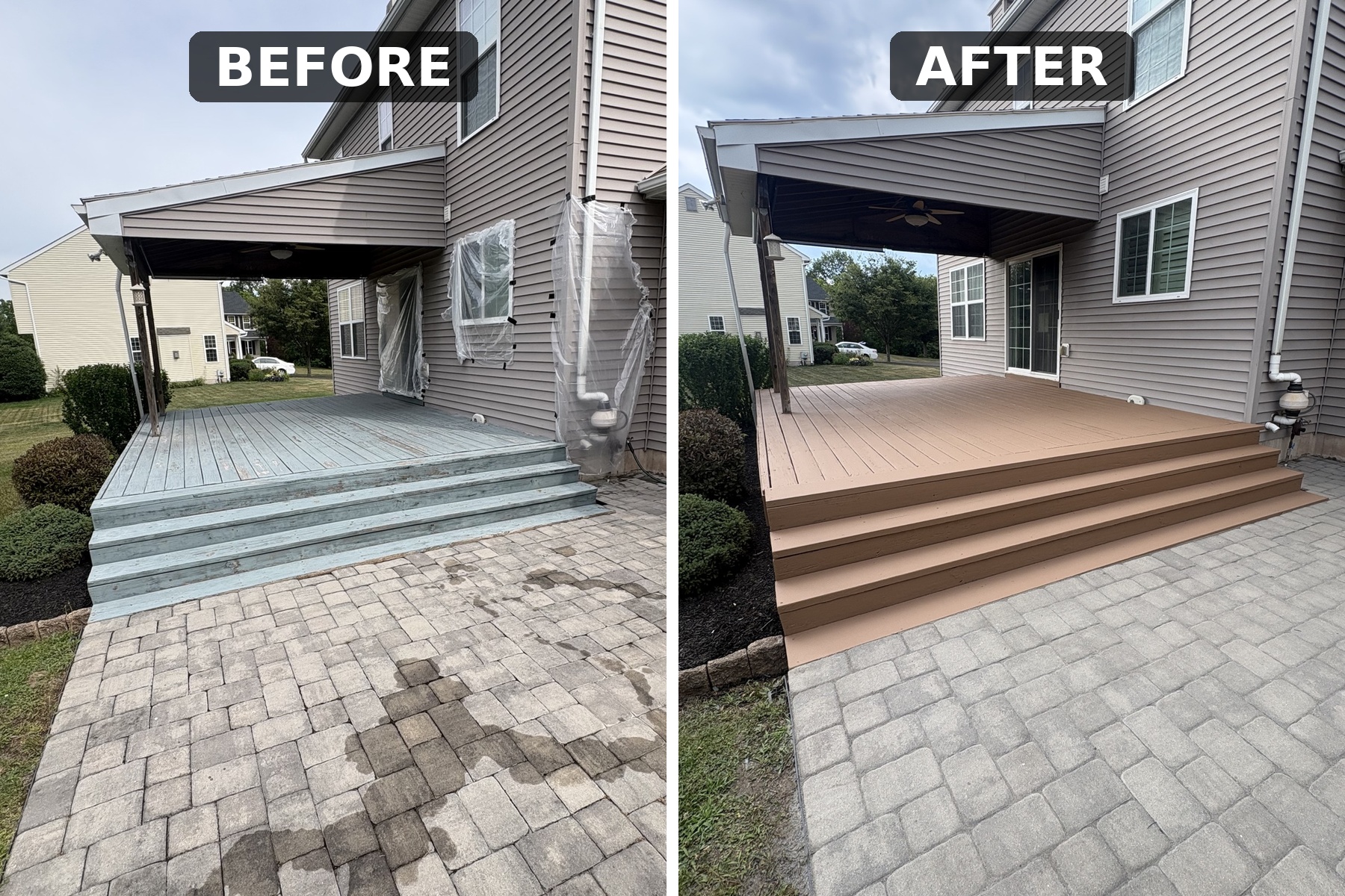 Before and after of a weathered backyard deck restored with fresh brown stain