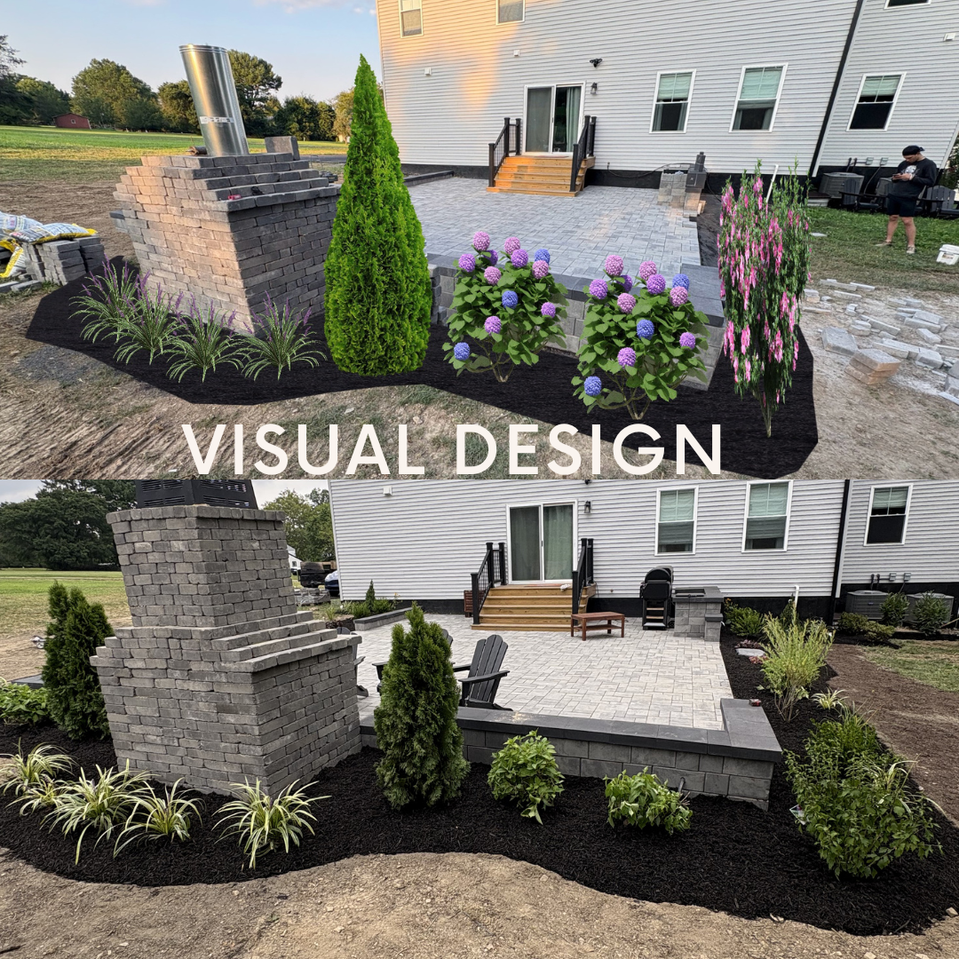 3D design of paver patio, fireplace, and plantings vs finished install