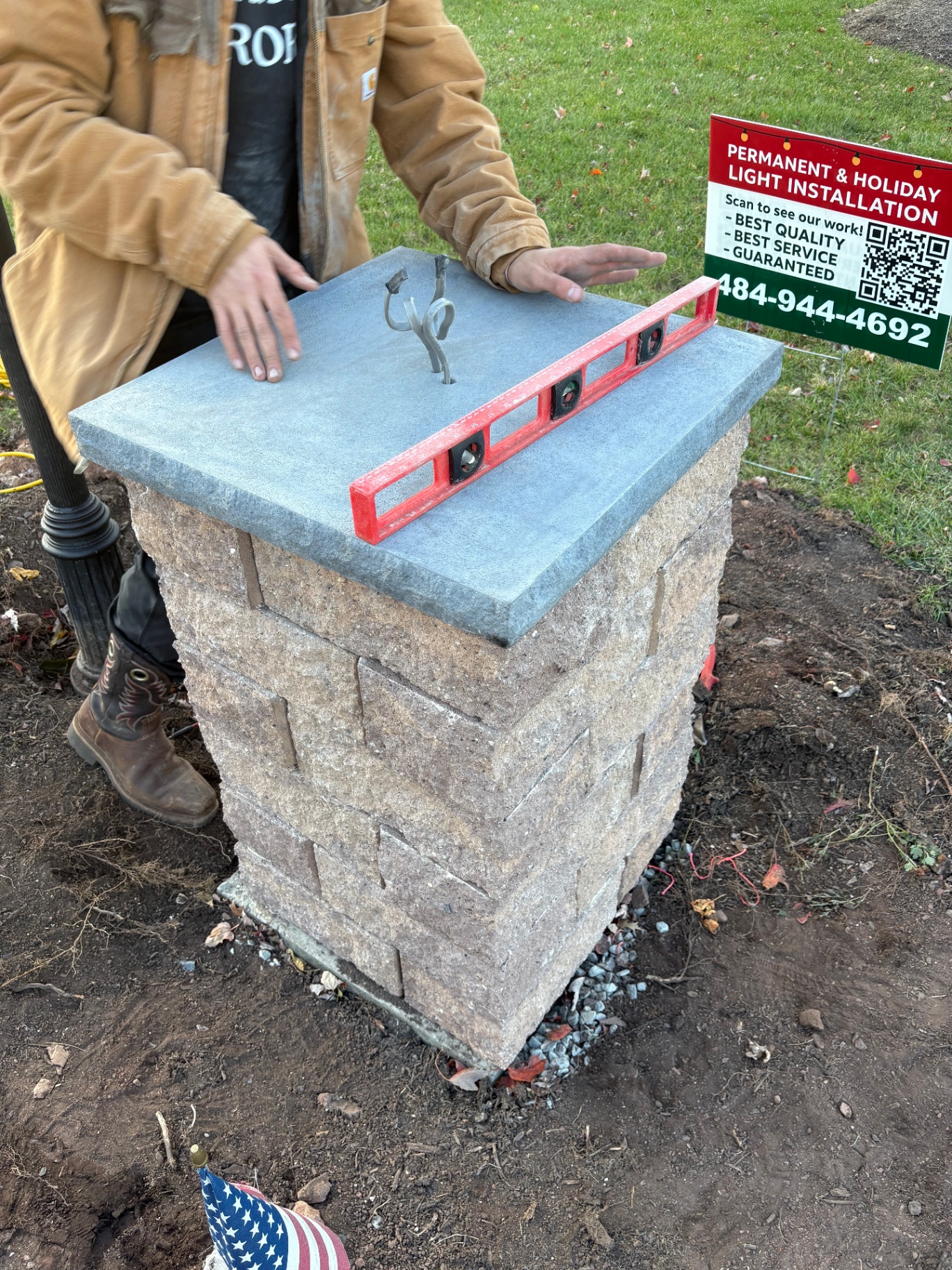 Stone hardscape column under construction