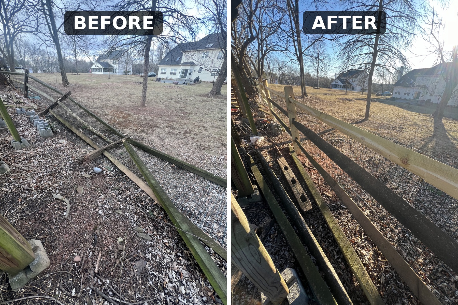 Before and after of a collapsed split-rail fence rebuilt with fresh posts and rails