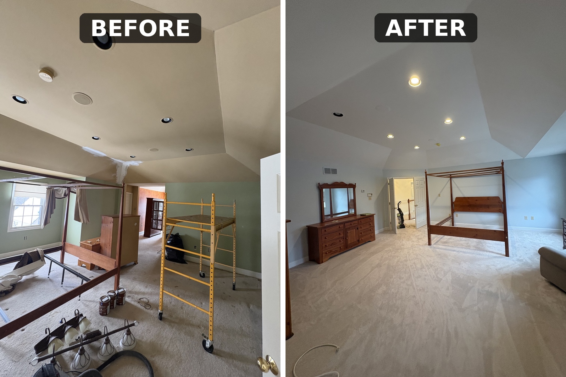 Before and after of a vaulted-ceiling bedroom repainted a soft light blue with refreshed trim
